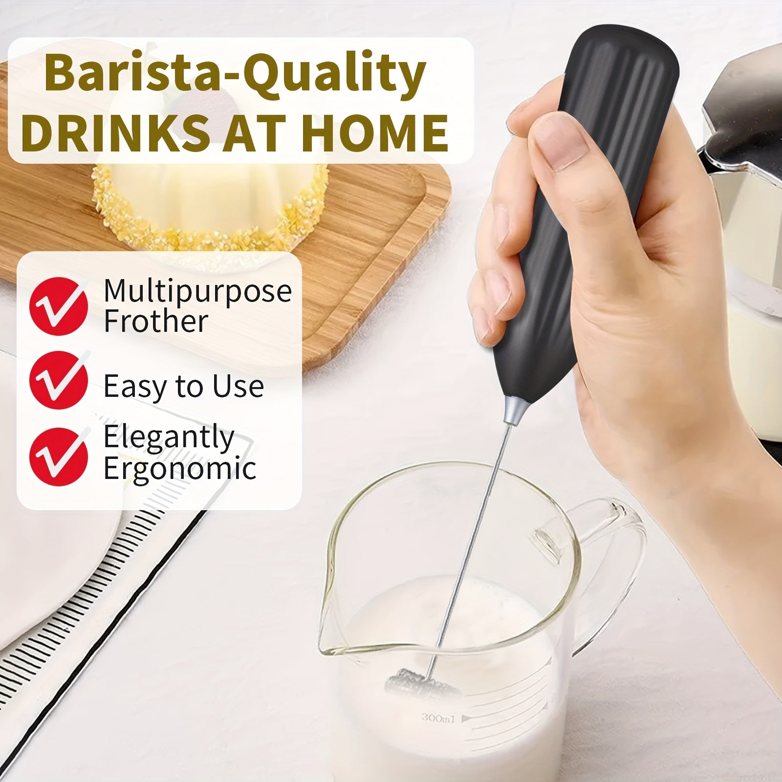 Professional Milk Frother & Foam Maker, Handheld Battery-Powered Whisk for Coffee, Latte, Cappuccino, Hot Chocolate, Portable Stainless Steel  Blender with 2 AA Batteries (Not Included) Barista-Grade Tool for Home, Travel & E