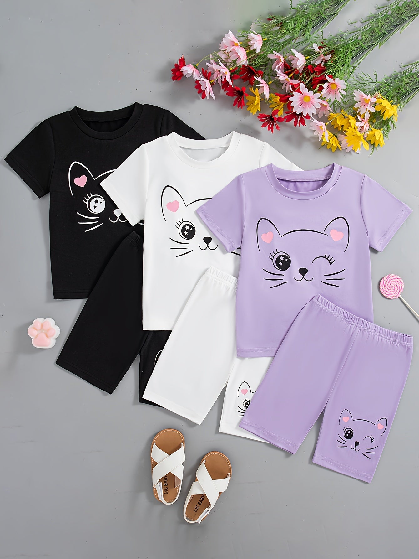 3 Sets Girls’ Cartoon Cat Print Summer Outfit – Solid Color Round Neck T-Shirts & Shorts