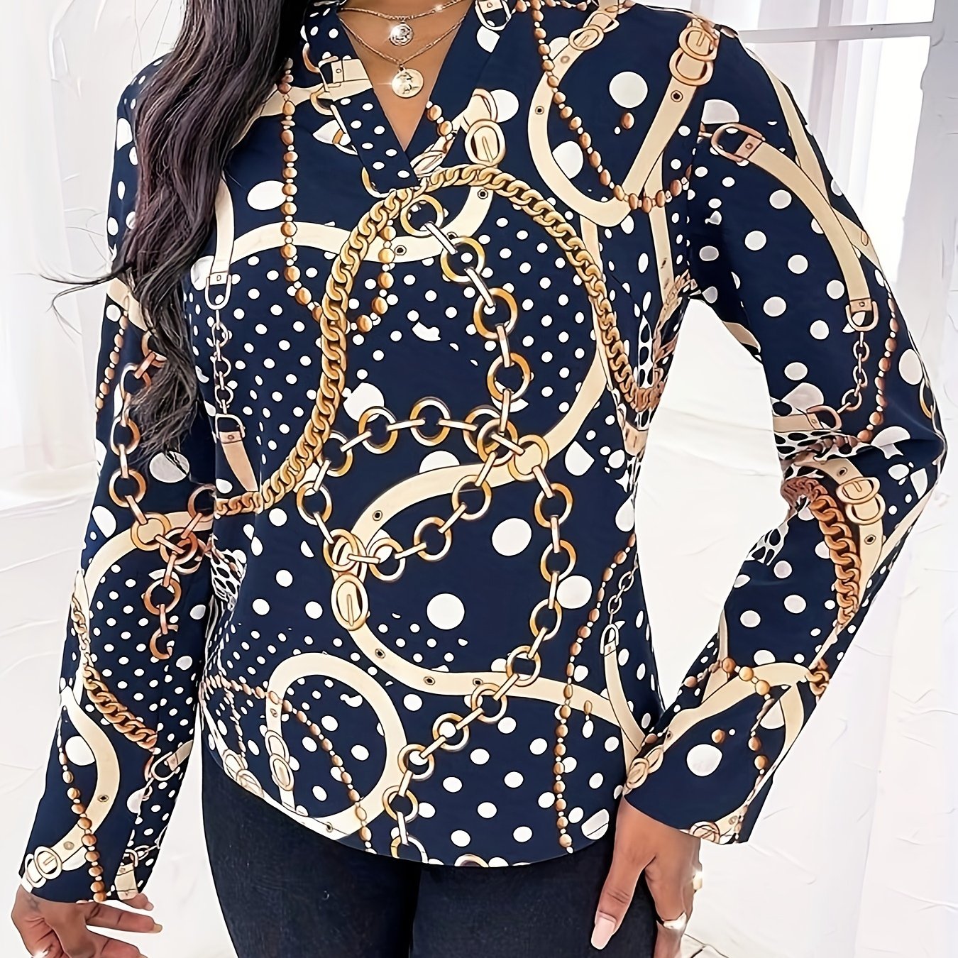 Vibrant Chain Print Notched Neck Blouse - Elegant Long Sleeve Loose Fit for Spring & Fall, Flowy Women's Clothing with Casual Chic Style