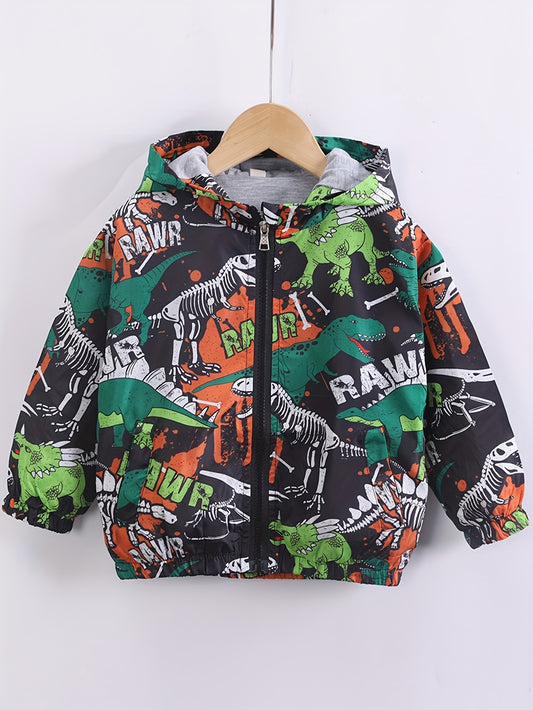 Vibrant Boys' Dinosaur Print Windbreaker Jacket - Water Resistant, Long Sleeve, Zip-Up, Hooded, Cartoon Design - Perfect for Outdoor Play and Casual Wear