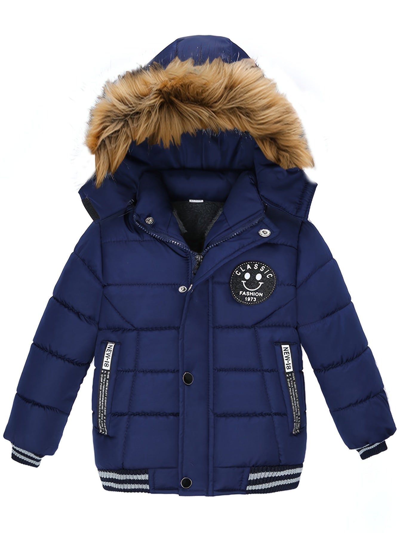 Long-sleeved Boys Thick Solid Color Jacket with Fur Collar, Zipper, and Pocket for Warm and Casual Fall Winter Clothes