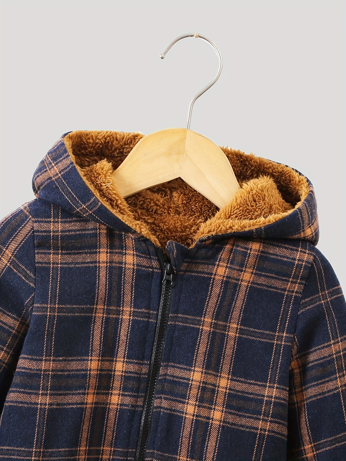 Boys Plaid Fleece Hoodie Jacket with Zipper Closure, Casual Polyester Coat with Long Sleeves, Regular Fit, Woven Fabric, Hooded Neck, Autumn/Winter