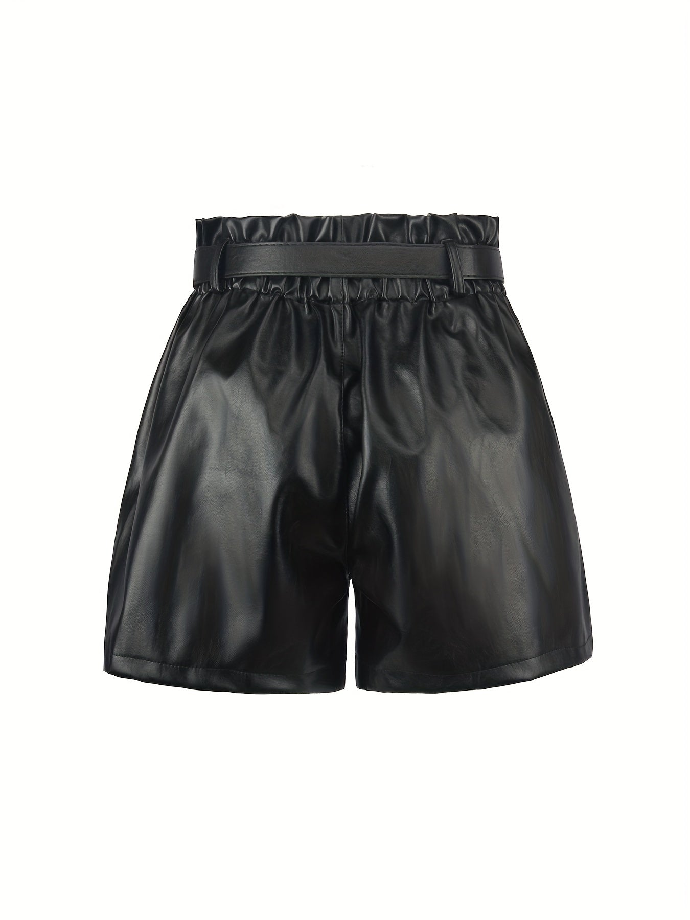 Faux Leather Shorts High Waisted Elastic Band Belted Shorts Flared Leg Faux Leather Shorts