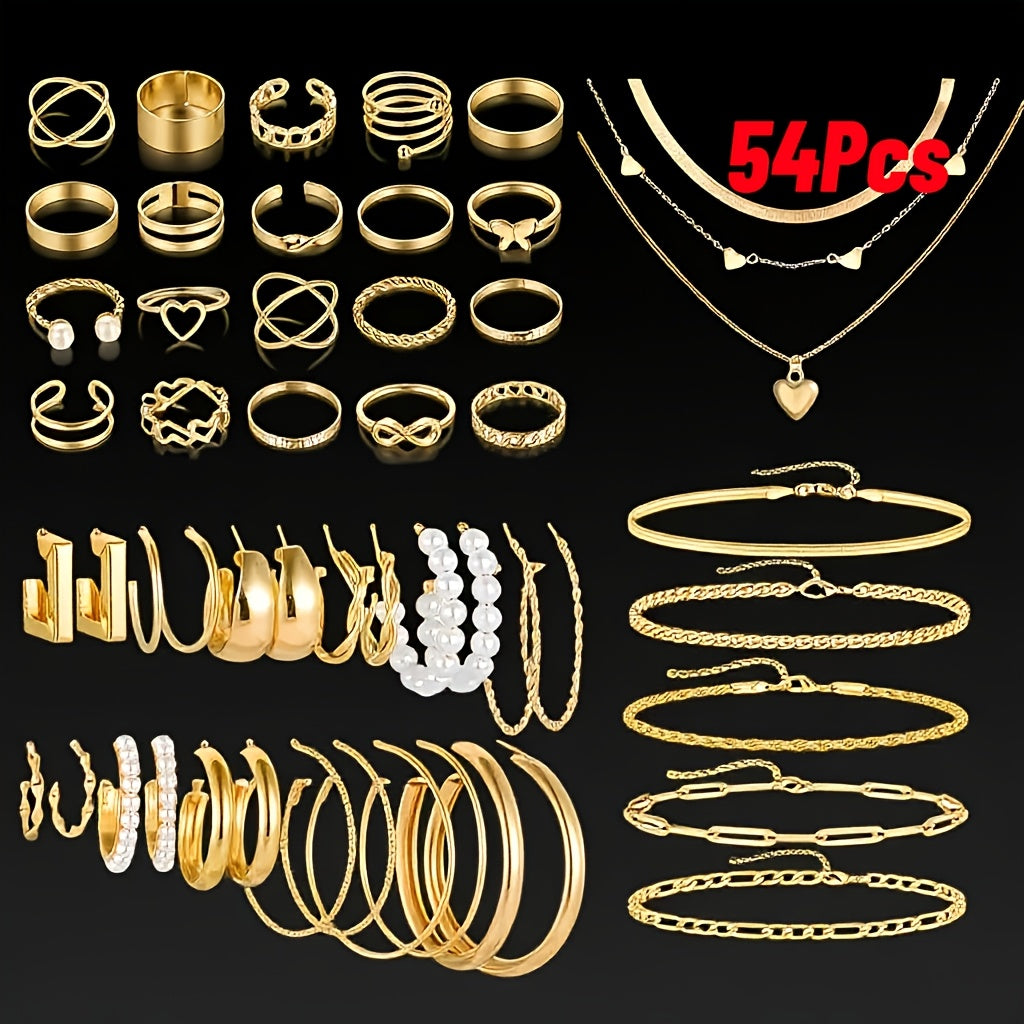 Jewelry Set Including 35/54/58/68pcs Featuring Easy Retro Designs Like Butterflies, Hearts, Faux Pearls, Twisted Knots, Stars, Moons, Wide Rings, Snake Chains, Braided Chains, And Geometric C-Shaped Earrings, Necklaces, Rings