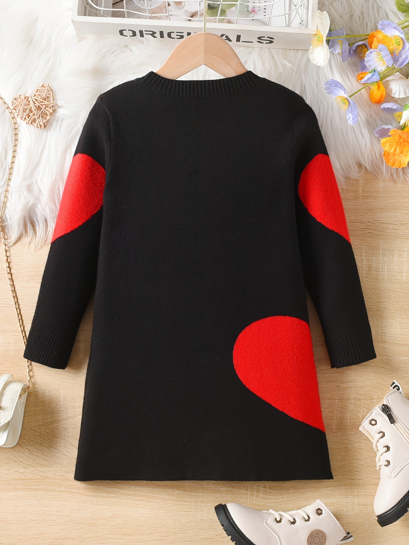 Long Sleeve Girls Warm & Comfy Hearts Pattern Knitted Sweater Dress for Spring & Fall