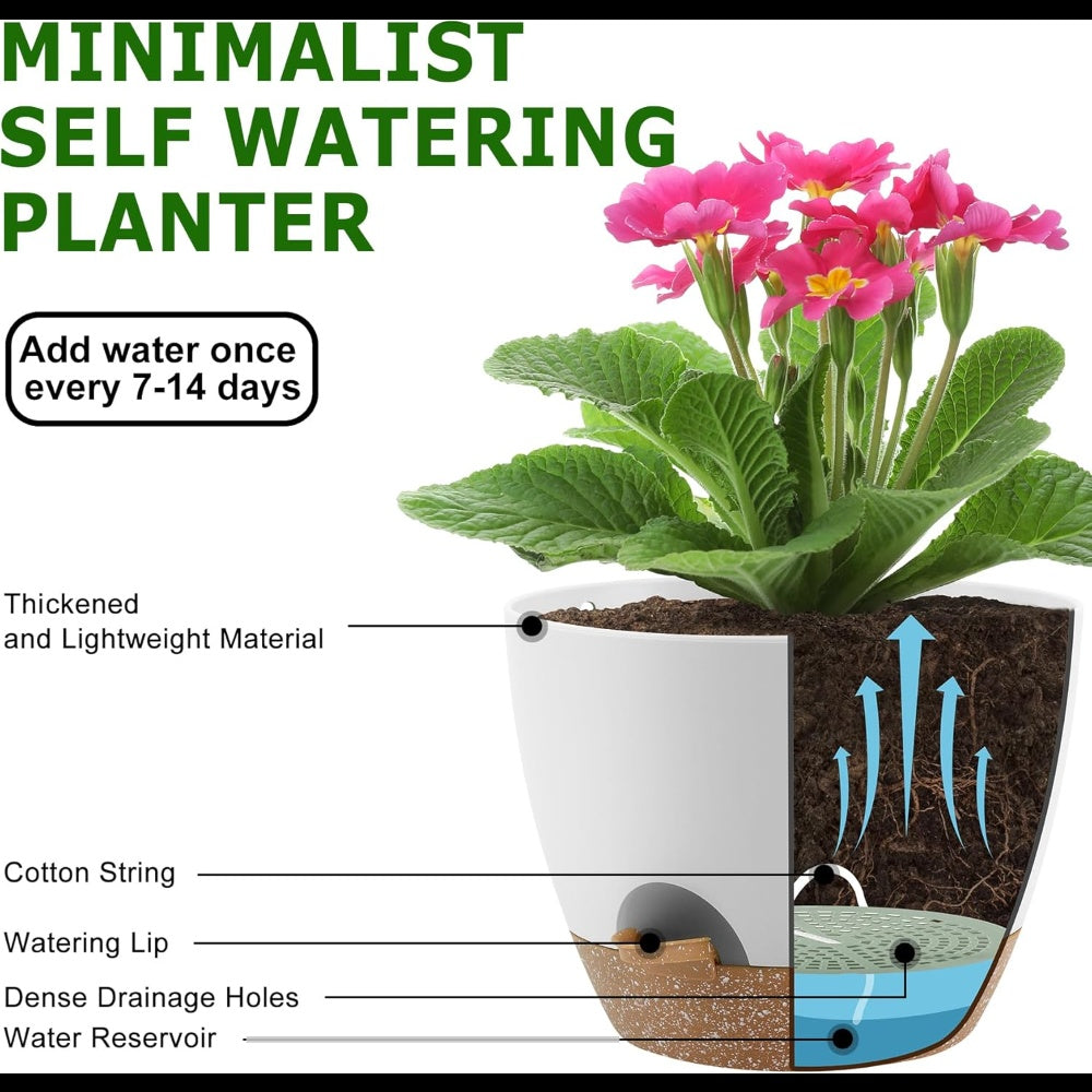 Set of 5 Self-Watering Plant Pots (5–7 Inch) – Plastic Planters with Drainage Holes & Saucers