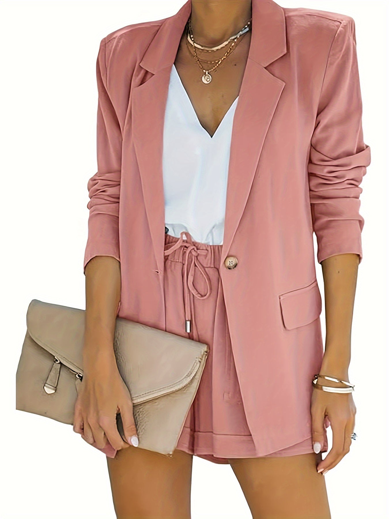 Women's Business Suits Long Sleeve Blazer Jacket Coat And High Waisted Shorts 2 Pieces Outfits Set