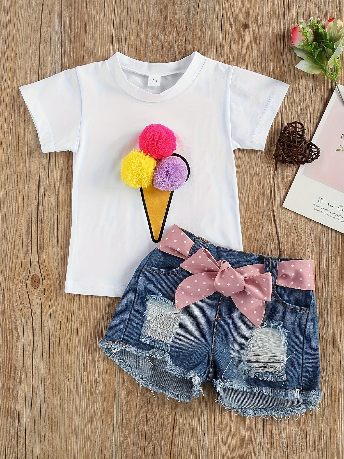 2pcs Cute Pom Pom Denim Shorts Set, Girls' Ince Cream Decor T-shirt & Outdoor Clothes