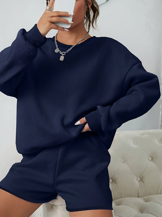 Elegant Comfort Casual Solid Color Shorts Set Round Neck Pullover And Loose Comfort Shorts Women's Clothing