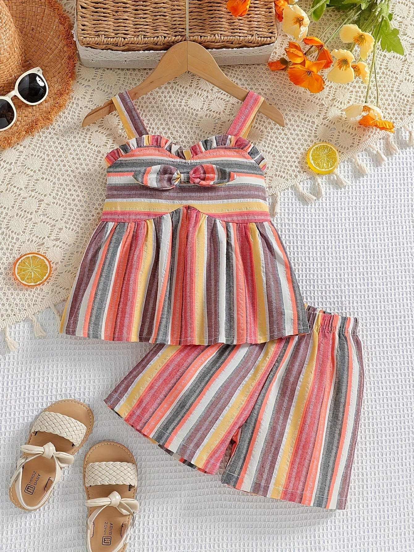 2pcs Bowknot Sweet Striped Suspender Top + Shorts for Girls Spring Summer Vacation Clothes