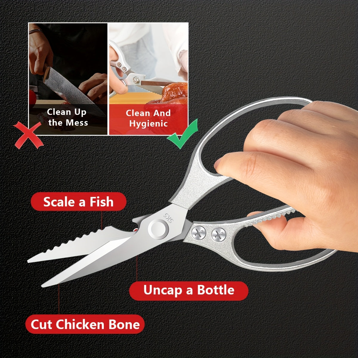 1/2pcs Professional Stainless Steel Kitchen Scissors-Meat Scissors Cuts Bone/Herbs/Packaging Ergonomic for Chefs/Daily Use/Multi-Purpose/Easily Cut, Heavy Duty Kitchen Scissors, Preparation, Meat, Ergonomic Handles, Blades, D