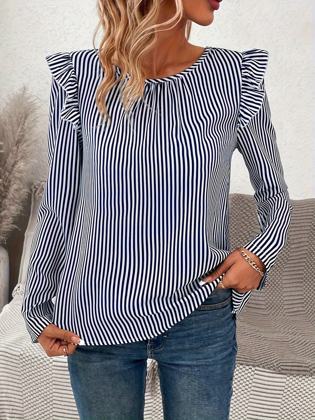 Stripe Print Button Back Button Ruffle Shirt