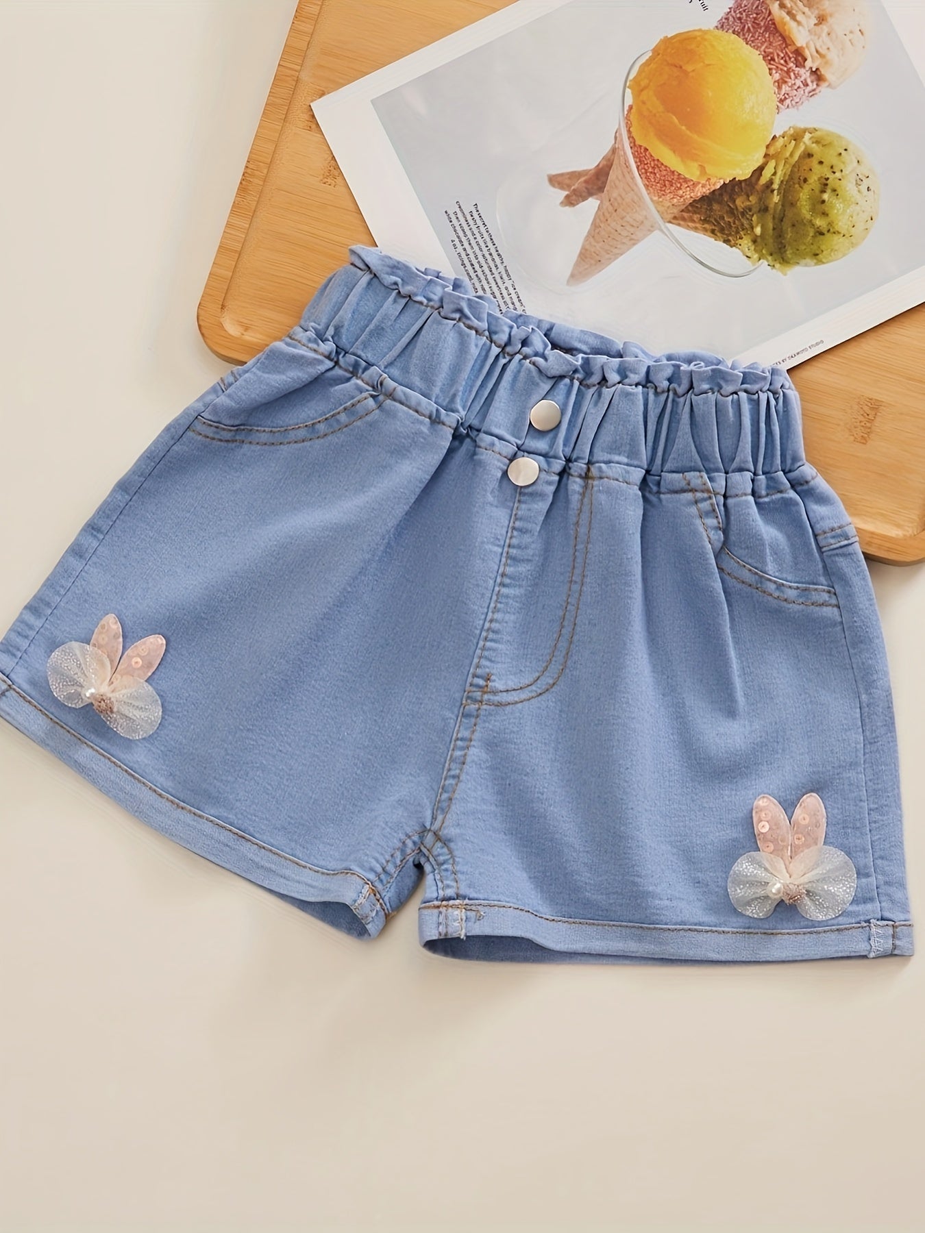 Girls' Floral Patched Light Blue Jean Shorts - 82% Cotton, Elastic Waist, Cuffed Hem, Casual All-Match