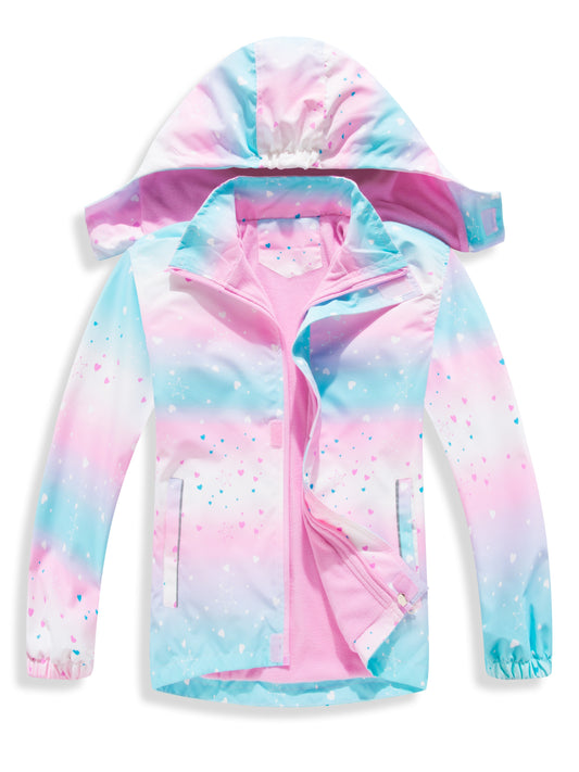 Vibrant Gradient Rain Jacket for Kids - Waterproof, Lightweight, Fleece Lined, Hooded, Windbreaker Coat with Removable Hood for Girls - Perfect for Outdoor Play