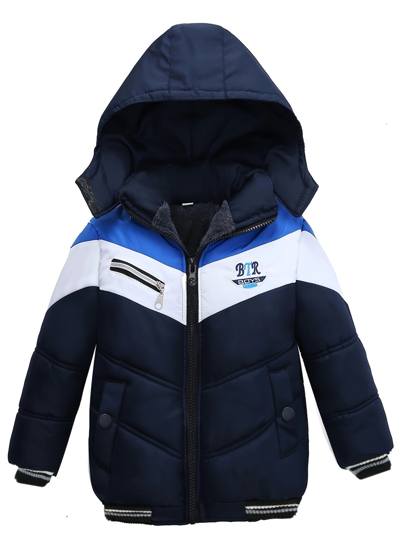 Kid's Trendy Hooded, Color Clash Warm Zip Up Fleece Coat