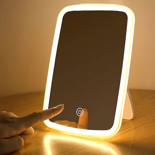 LED Makeup Mirror with Touch Sensor, Portable Folding Desktop Cosmetic Mirror, 3 Lighting Modes - White, Daylight and Warm Light, Adjustable Brightness, USB Charging, Compact for Travel, Gift for Ladies, Girls' Makeup Mirror,