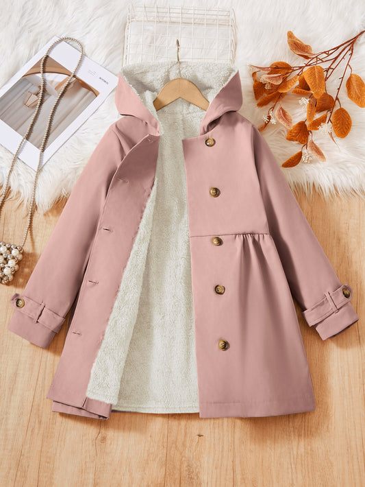 Double-Breasted Coat, Plush, Warm And Comfortable, Hooded Coat (Fake Fur, Plush Lining, Lining Composition 100% Polyester) Autumn And Winter Gift)