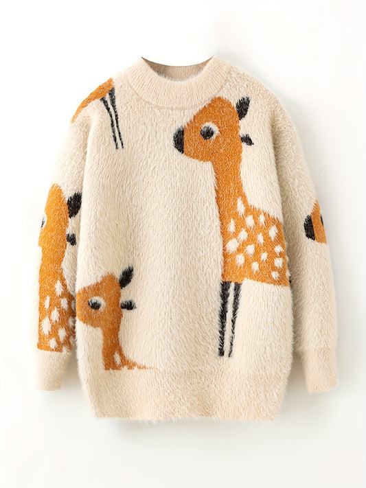 Cozy Deer Pattern Girl's Christmas Sweater - Pullover - Soft Imitating Mink Fleece, Long Sleeve, Round Neck