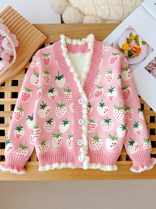 Girls Thermal Comfy Strawberry Print Knit Cardigan - Elegant V-Neck Long Sleeve Button-Down Sweater For Autumn/Winter