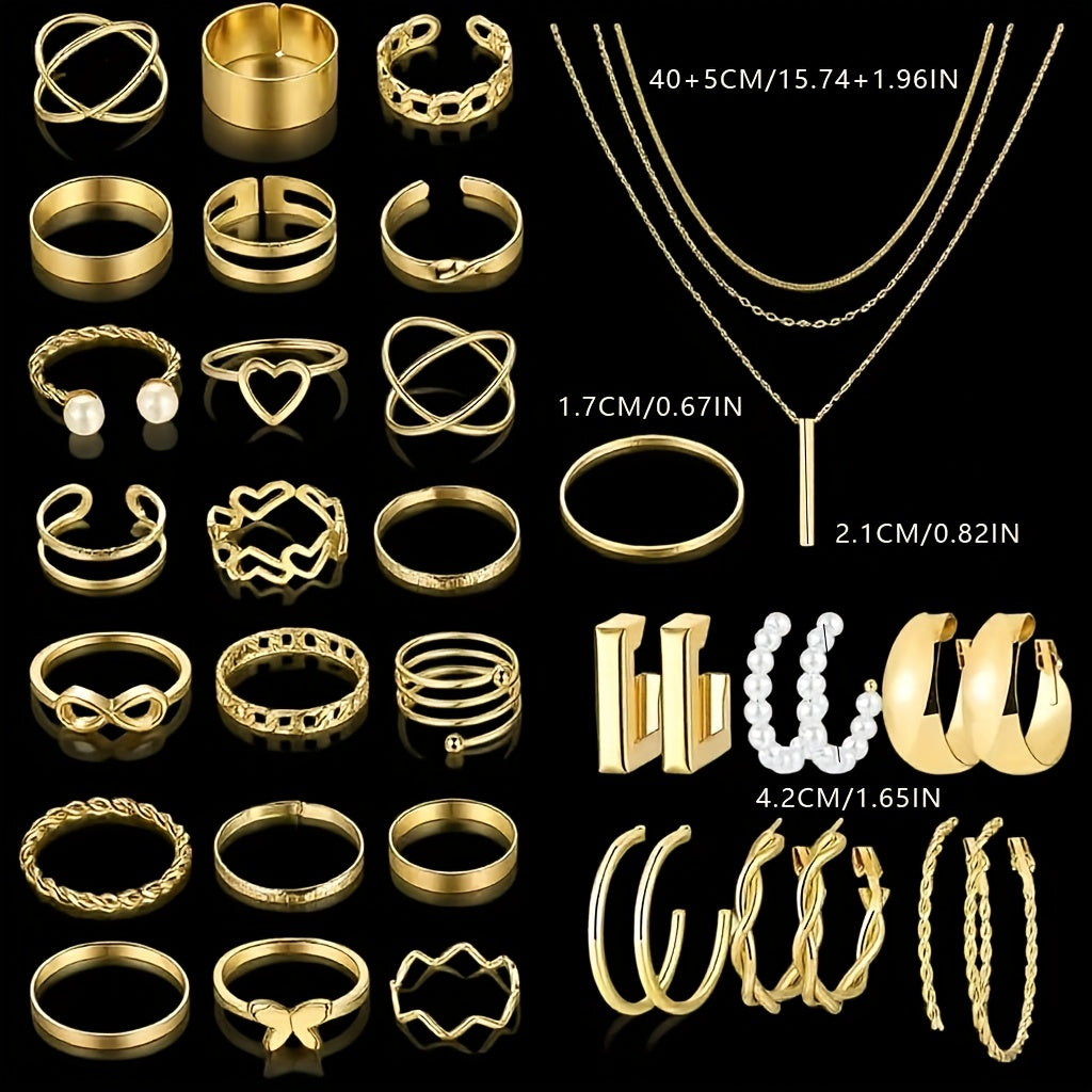 Jewelry Set Including 35/54/58/68pcs Featuring Easy Retro Designs Like Butterflies, Hearts, Faux Pearls, Twisted Knots, Stars, Moons, Wide Rings, Snake Chains, Braided Chains, And Geometric C-Shaped Earrings, Necklaces, Rings