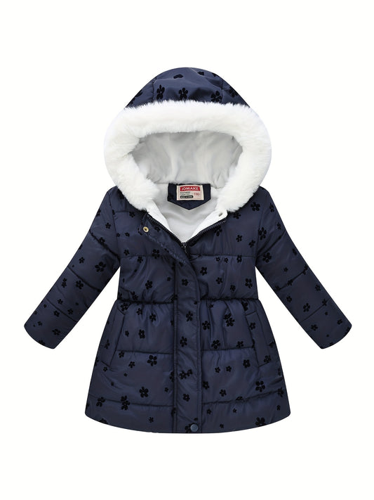 2024 JOMAKE Girls' Cozy Fleece-Lined Hooded Jacket with Floral & Heart Print - Warm Winter Outerwear for Youngsters