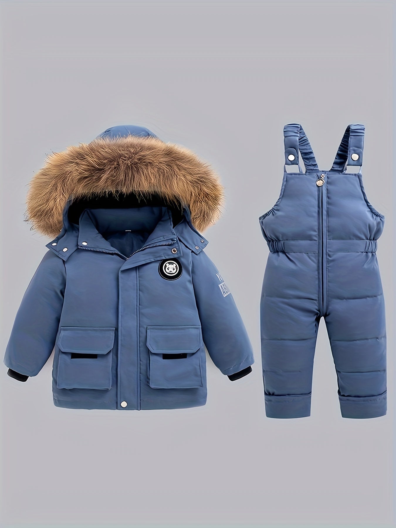 Kids' Winter Warmth: Hooded Down Jacket & Overalls Set - Cozy Polyester, Zip-Up, Non-Stretch, Letter Print, Long Sleeve, No-Belt, Regular Fit for Boys & Girls - Perfect for Outdoor Play