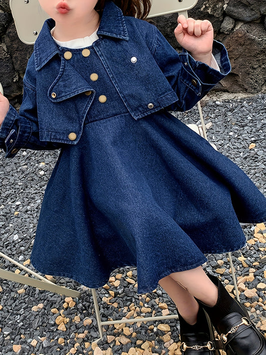 Girls’ 2PCS Denim Outfit – Sundress & Crop Jacket