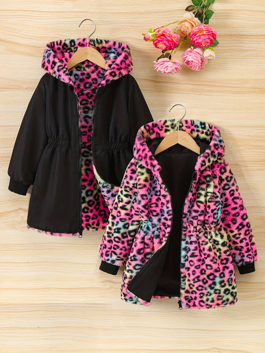 Cute Colorful Leopard Print Hooded Tunic Coat for Girls – Reversible Long Sleeve Outerwear