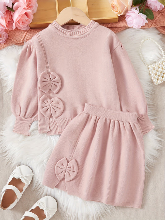 Elegant Long Sleeve Knit Peplum Top and Knee High Skirt Set with Bow Detail for Children – Polyester Sweater Dress Two-Piece Ensemble, Solid Color with Slight Stretch for Winter – Suitable for Ages 3+