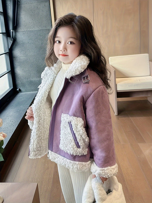 Chic Girls' Faux Fur-Lined Winter Coat - Warm, Machine Washable with Pockets for Fall/Winter