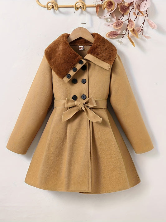 Chic Vintage-Inspired Girls' Double-Breasted Fleece-Blend Coat with Belt - Polyester, Non-Stretch, Solid Color, Knit Fabric, Perfect for Winter - Cozy & Stylish Outerwear