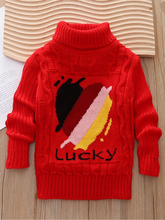 Young Girls Colorful Heart Turtleneck Comfy Warm Long Sleeves Knit Sweater