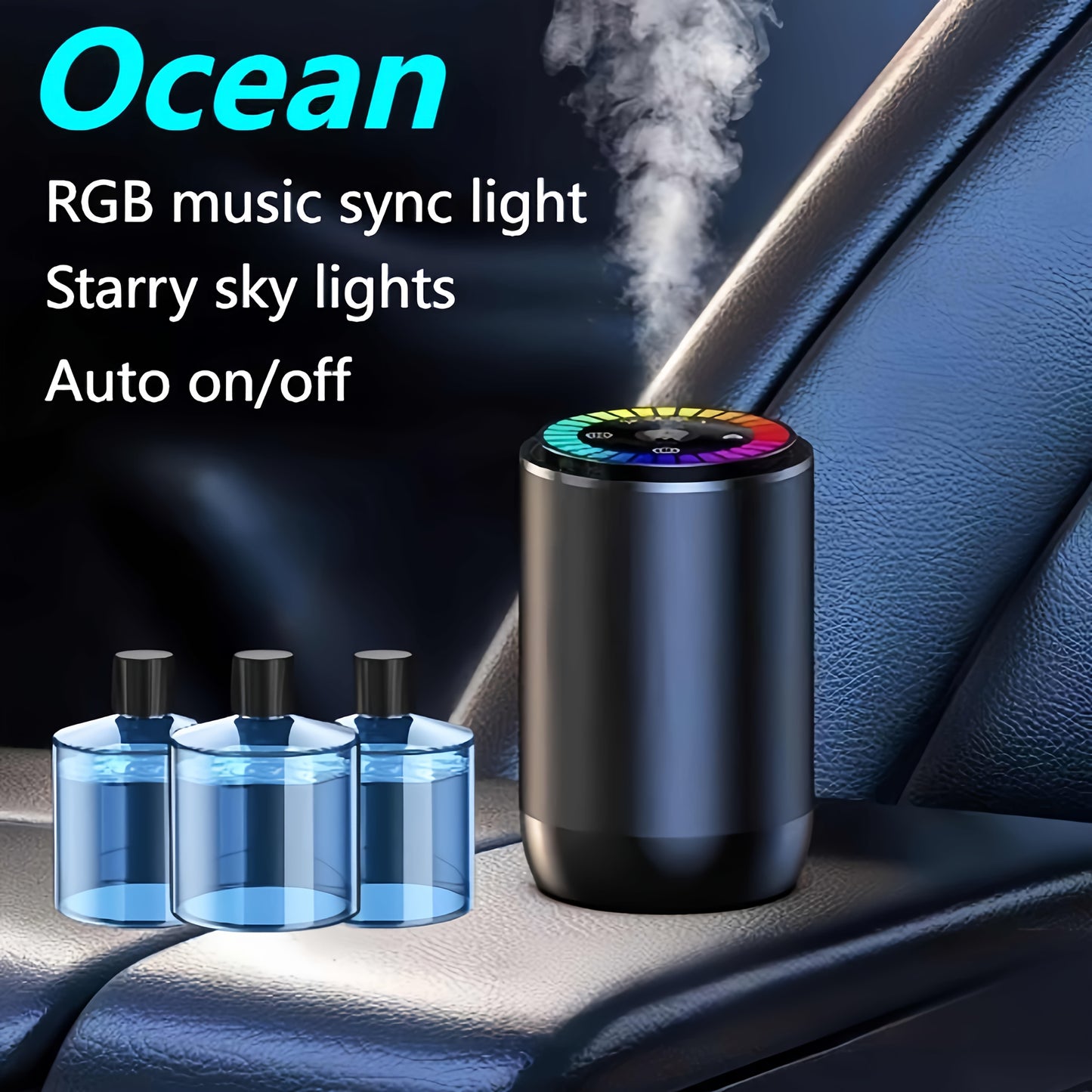 Smart Car Air Freshener with Aromatherapy Features, Featuring a Dynamic Light Display And a Starry Sky Mode. It Uses Natural French Scented Essential Oils Or Perfumes, Allows for Adjustable Fragrance Strength