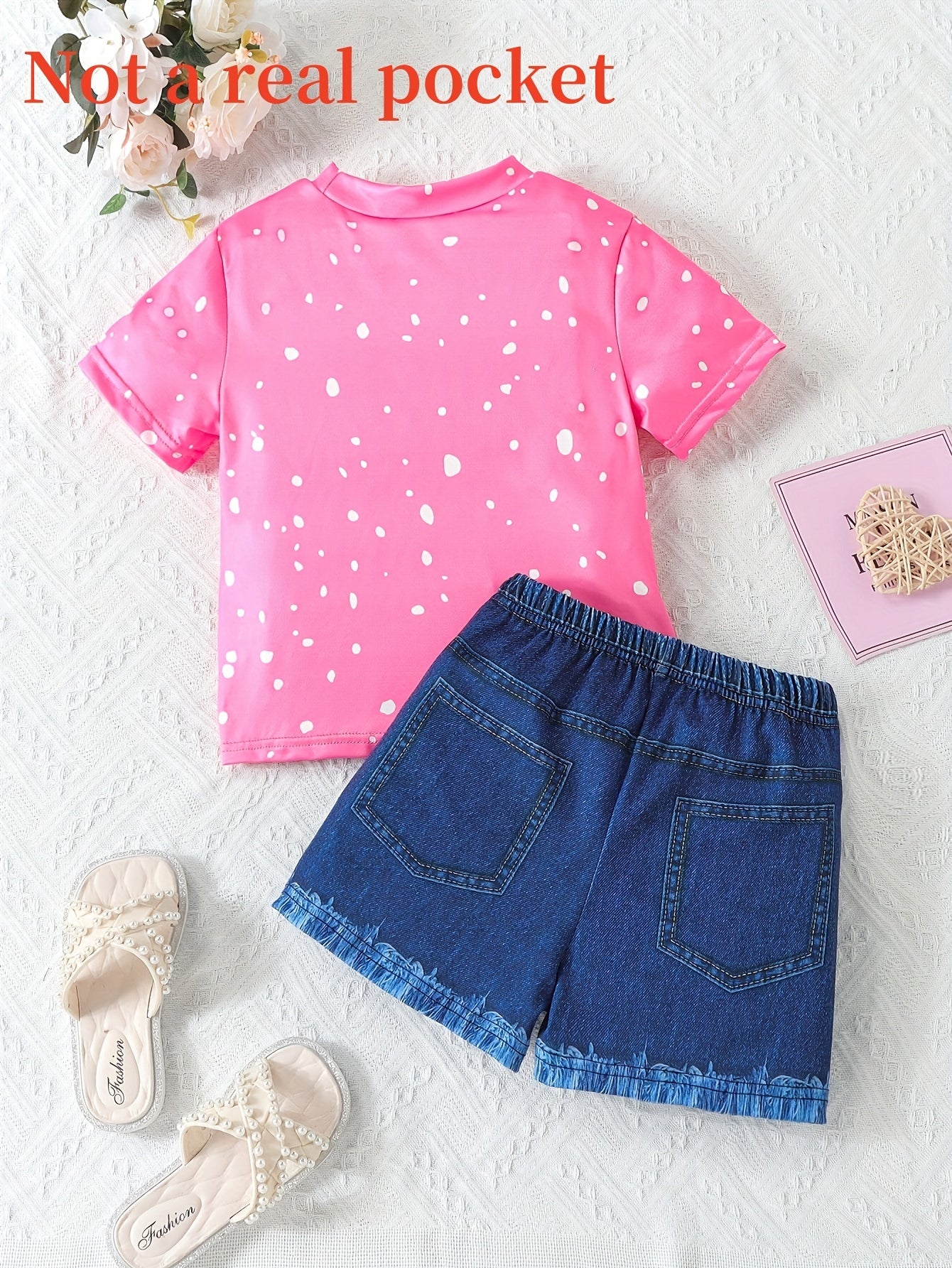 Bowknot Kitty Print Girls 2PCS Short Sleeve Top + Imitation Denim Print Shorts Set, Casual Holiday Summer Outfit