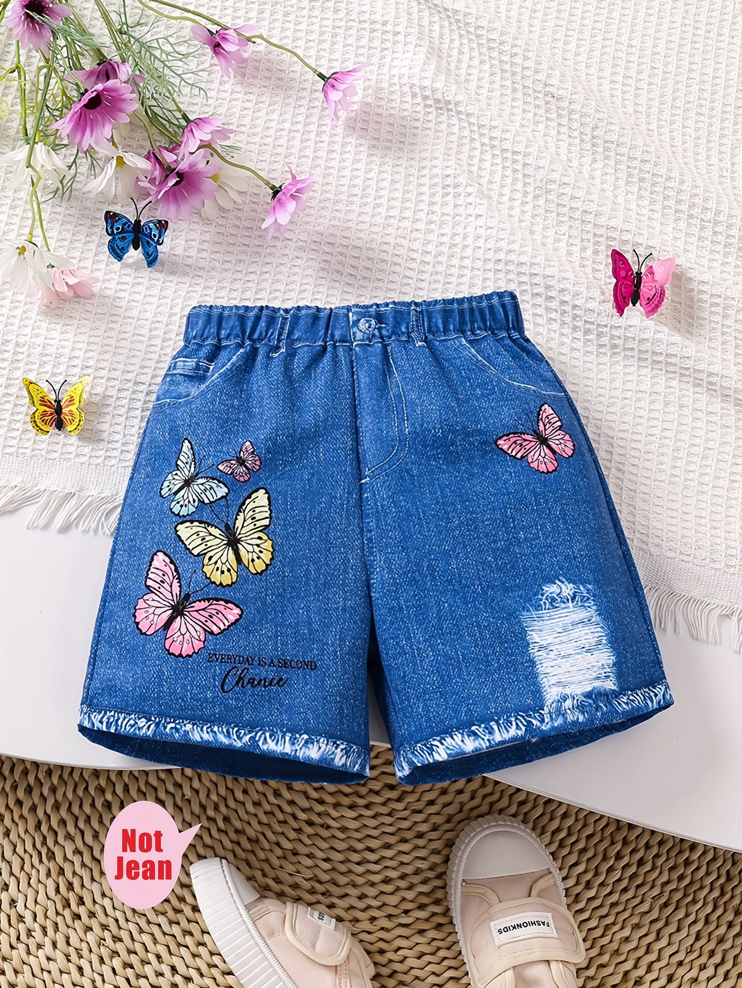 Girls Stylish Butterfly Graphic Shorts - Durable Imitation Denim Print for Summer Adventures - Perfect Gift Idea