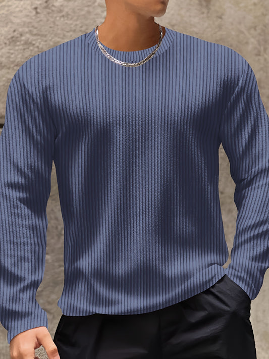 Long Sleeve Men's Striped Casual Crew Neck T-shirt, Outdoor Clothing