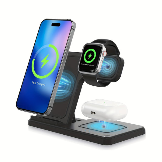 Foldable 3-in-1 Wireless Charger Station, 15W Fast Charging Charger Stand, for iPhone 16 15 14 13 12 11 X 8 Pro Max/Pro/Mini/Plus, for iWatch Ultra10/9/8/7/6/5/4/3/2 SE, for AirPods 3/2/Pro Multiple Devices,zip Ties Alternati