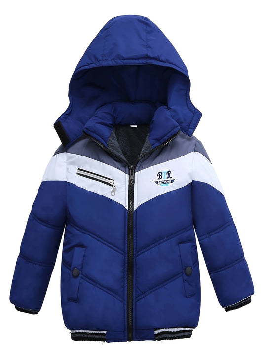 Kid's Trendy Hooded, Color Clash Warm Zip Up Fleece Coat