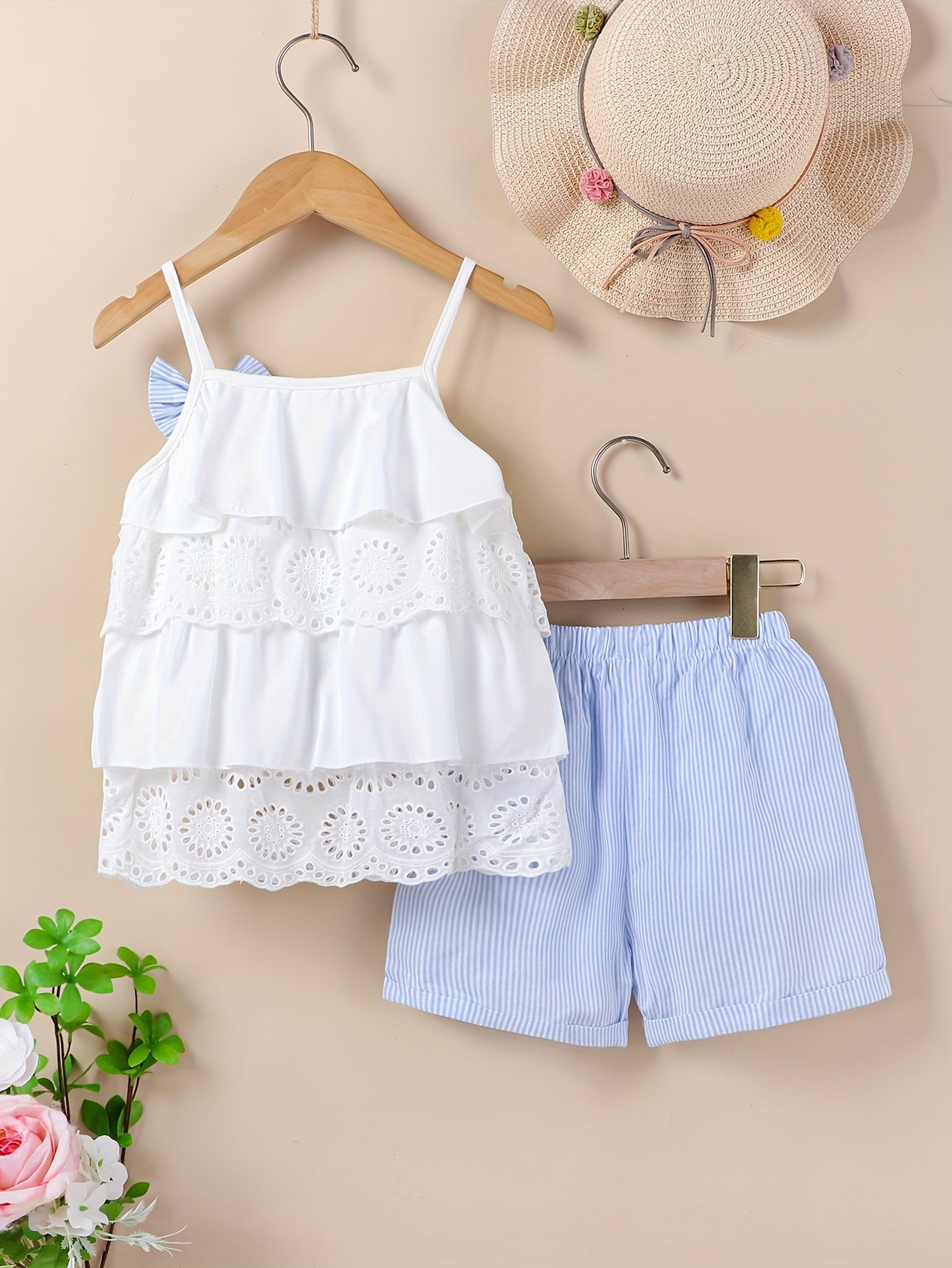 2pcs Infant & Toddler's Lovely Summer Outdoor Set, Schiffy Layered Cami Top & Shorts, Baby Girl's Clothes, Outdoor Cloth