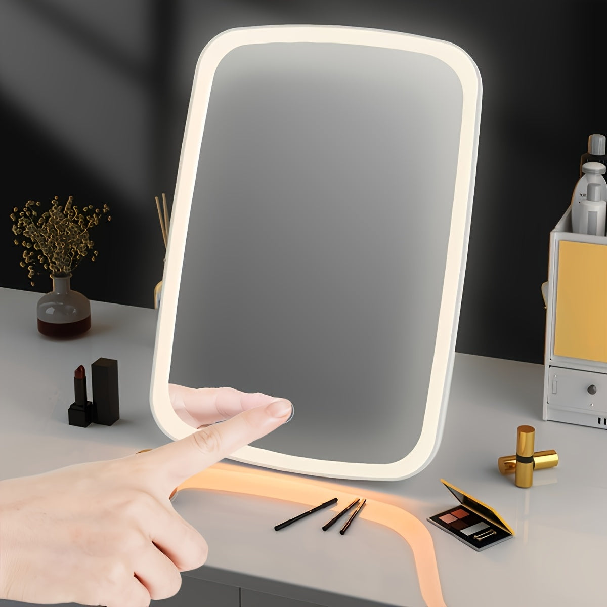 LED Makeup Mirror with Touch Sensor, Portable Folding Desktop Cosmetic Mirror, 3 Lighting Modes - White, Daylight and Warm Light, Adjustable Brightness, USB Charging, Compact for Travel, Gift for Ladies, Girls' Makeup Mirror,