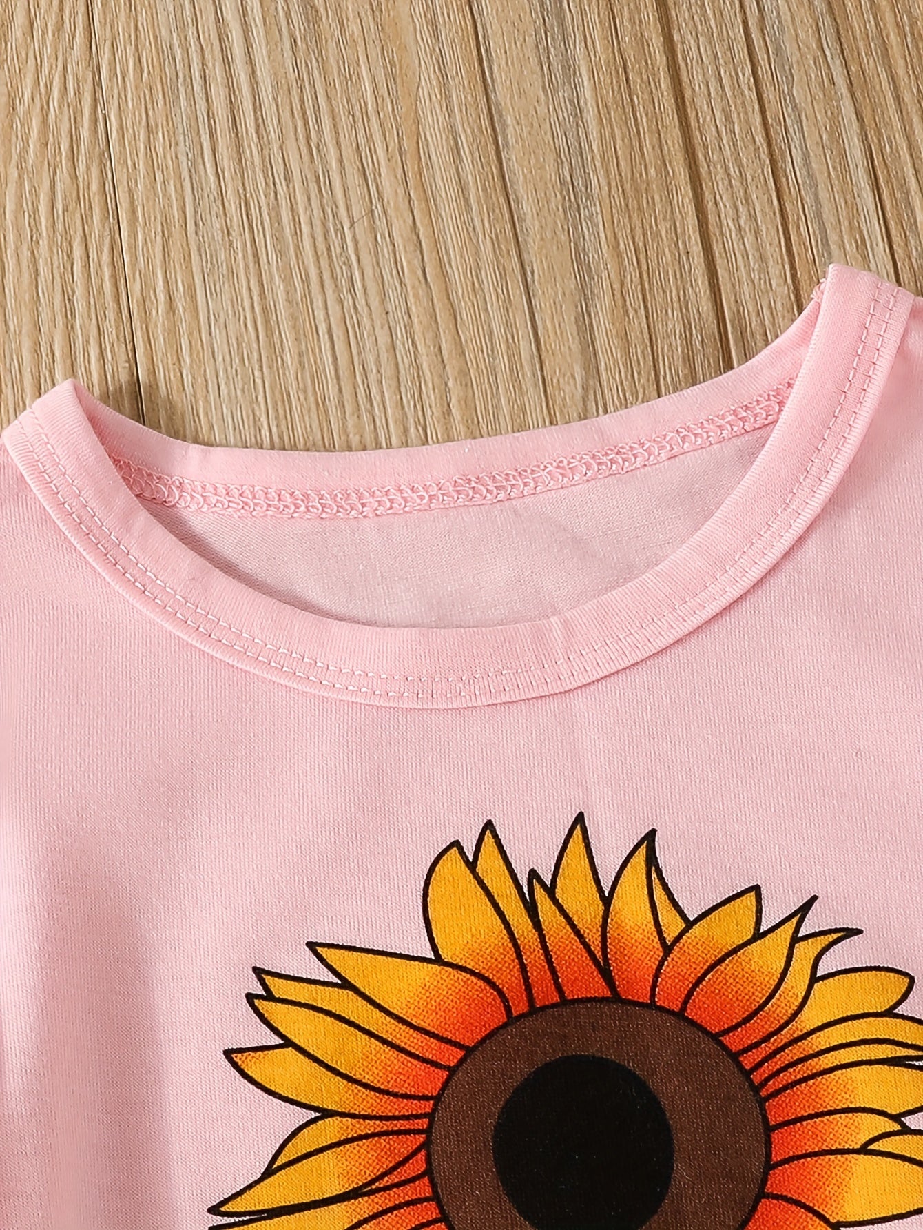 2pcs Comfy Girls Casual Short Sleeve T-shirt & Denim Shorts Set, Sunflower And Letter Graphic Print Summer Kids Outdoor Clothing