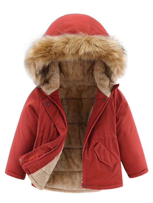 2024 Windproof Kids Warm Fleece Lined Parka Outdoor Girls Padded Jacket Winter Coat With Hood