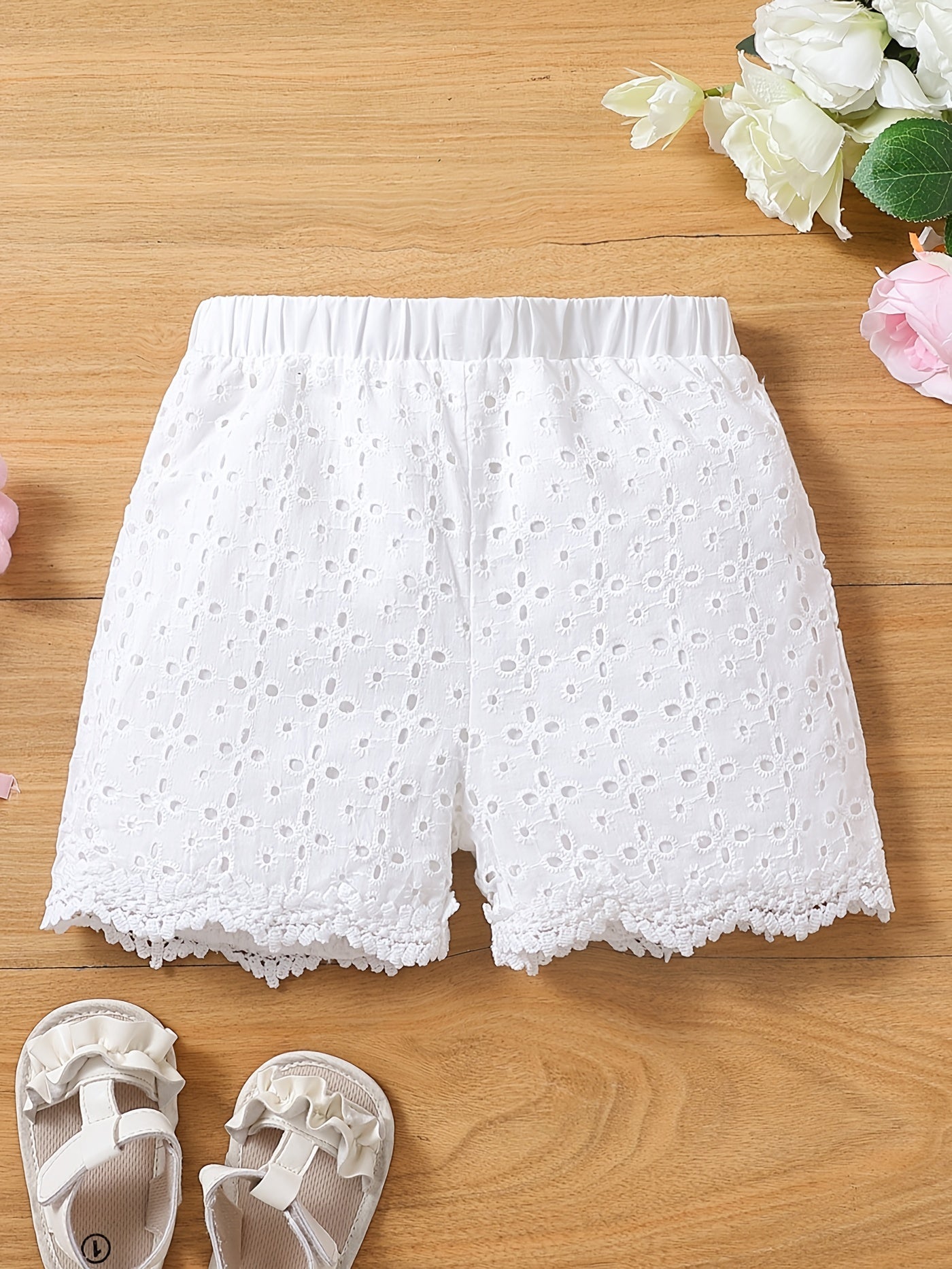 Cute Toddler Girls' Lace Shorts - Elastic Waist, Solid Color, Casual Wear for Summer, Comfortable, Breathable, Soft Fabric