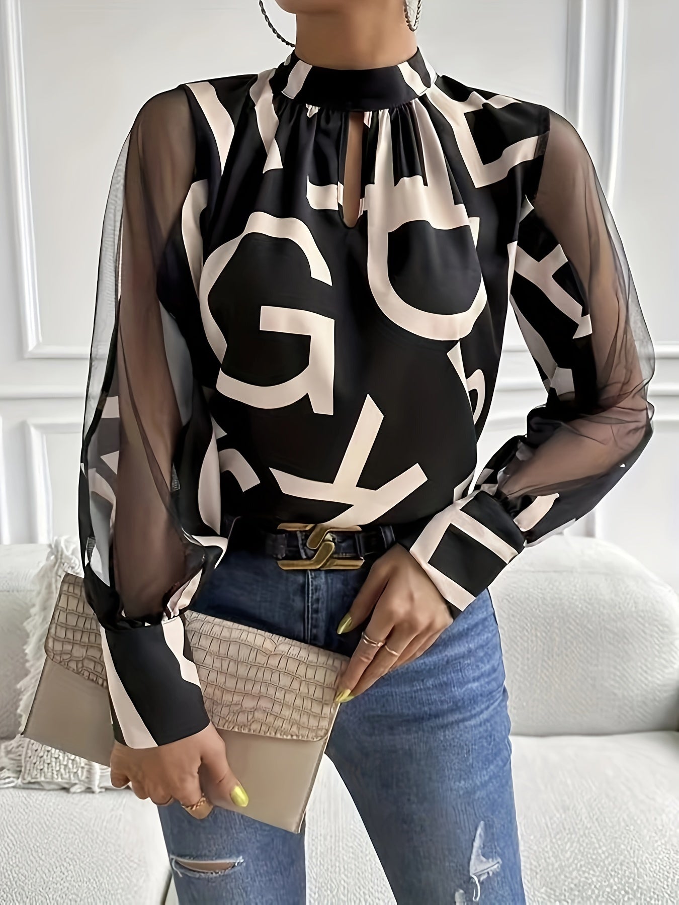 Stylish Letter Print Blouse - Elegant Mock Neck, Casual Long Illusion Sleeves, Comfortable Fit for Spring & Fall, Women's Fashion Clothing for Casual Occasions