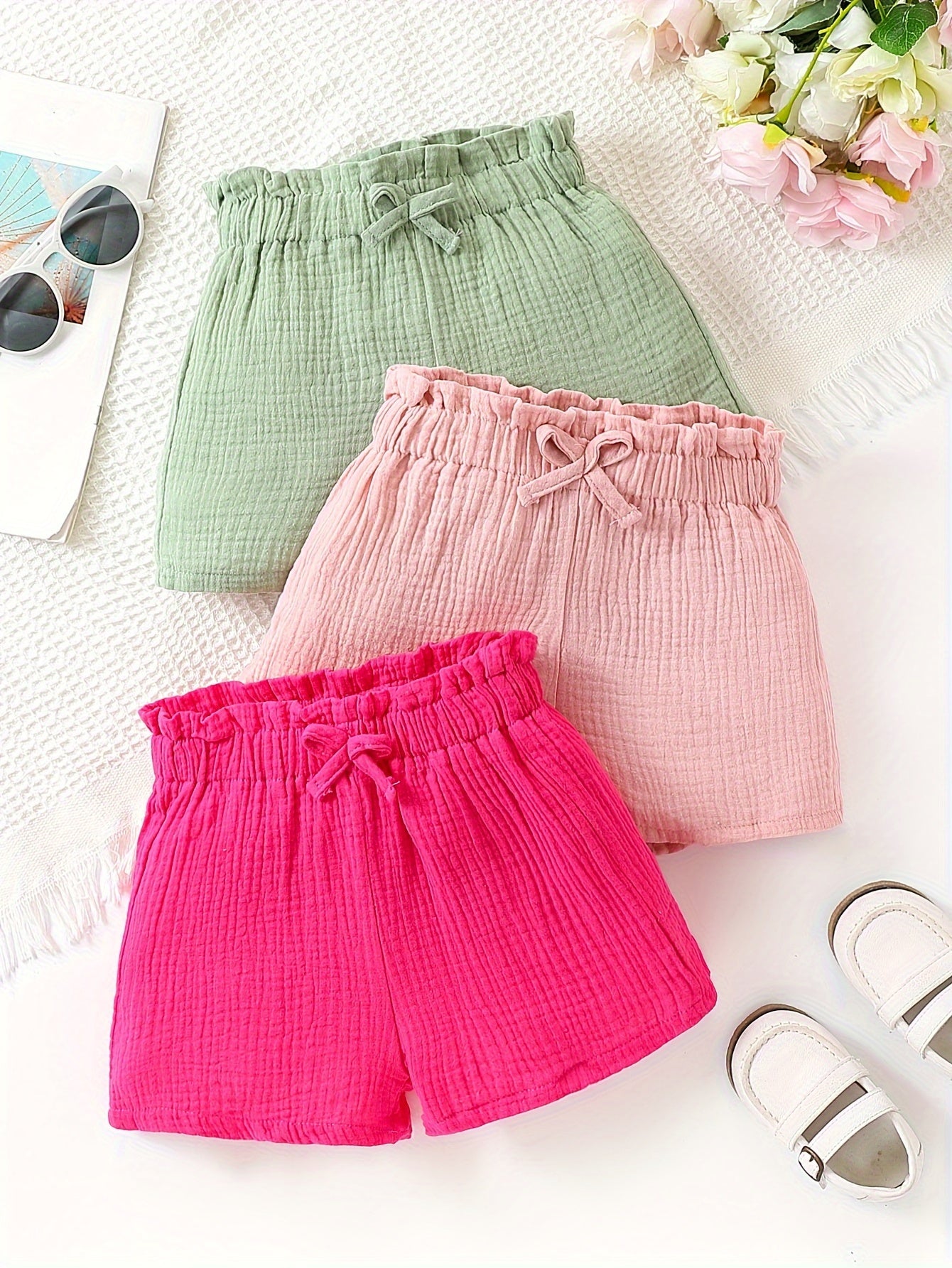 3pcs Girls’ Muslin Bow Decor Shorts – Soft, Breathable, 100% Cotton Summer Outfit