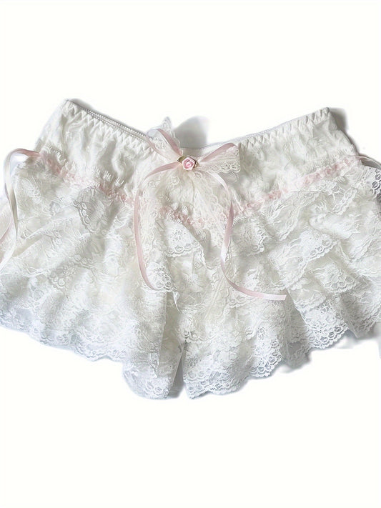 Women'S Y2K Fairy Style Lace-Trimmed Ruffle Shorts, 100% Woven Fabric, Solid Color Sexy Bloomers with Layered Pettipant Design, Versatile for All Seasons