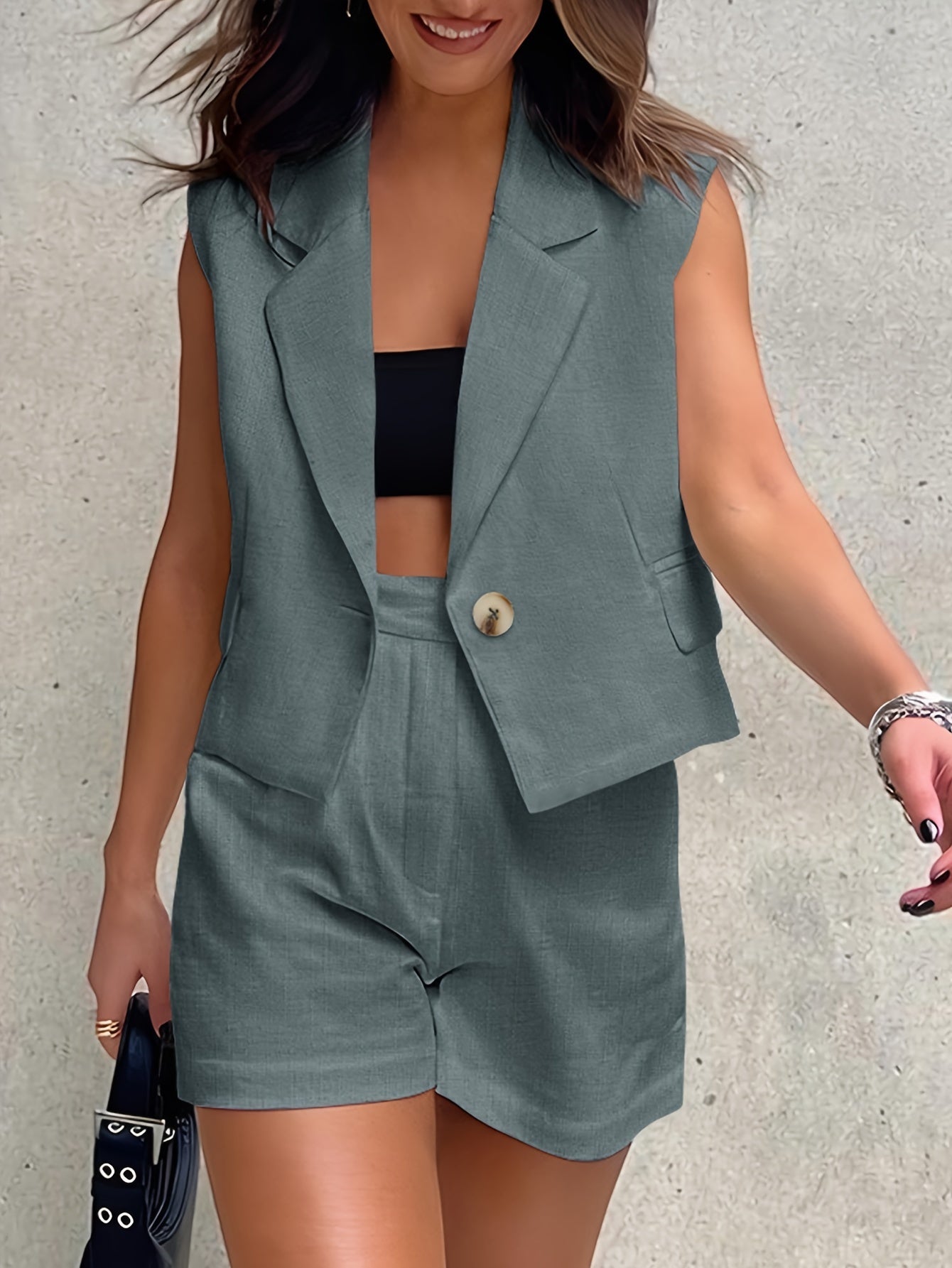 Women's Summer Two-piece Button-up Sleeveless Crop Vest Jacket And High-waisted Shorts Suit Casual Wear