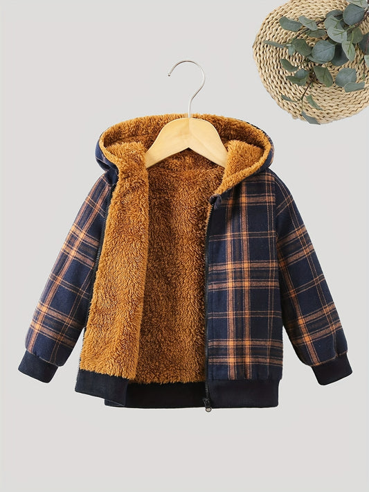 Boys Plaid Fleece Hoodie Jacket with Zipper Closure, Casual Polyester Coat with Long Sleeves, Regular Fit, Woven Fabric, Hooded Neck, Autumn/Winter