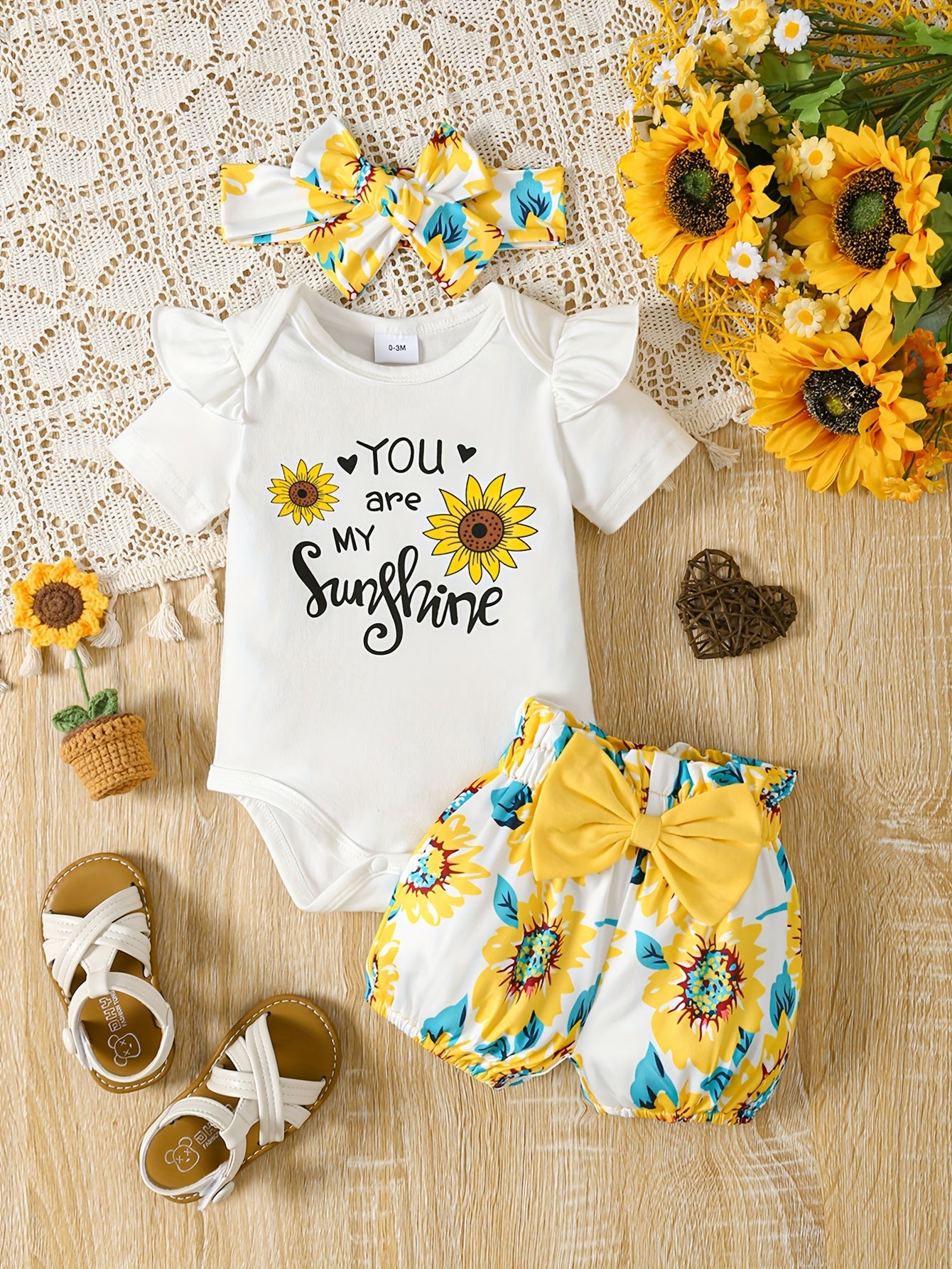 2pcs "You Are My Sunshine" Print Toddler & Infant Girl's Clothes Set, Ruffled Bodysuit & Headband & Sunflower Full Print Shorts