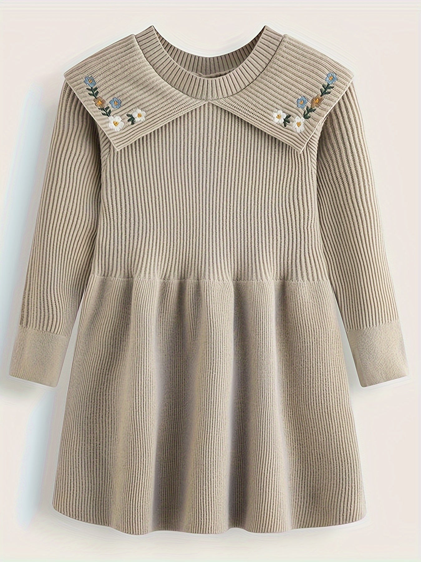 Girls' Embroidered A-line Short Sweater Dresses with Knitted Flower Pattern Lapel Collar for Fall Winter